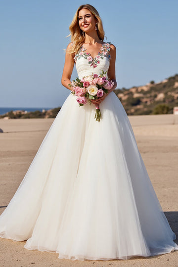 White Tulle A Line Floral Boho Sweep Train Wedding Dress